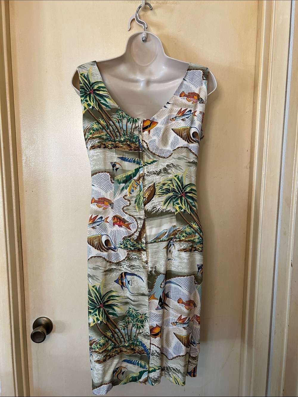 reyn spooner Tropical Palm & Fish Midi Dress - Green, Blue, Brown 100% Rayon M - Picture 6 of 11